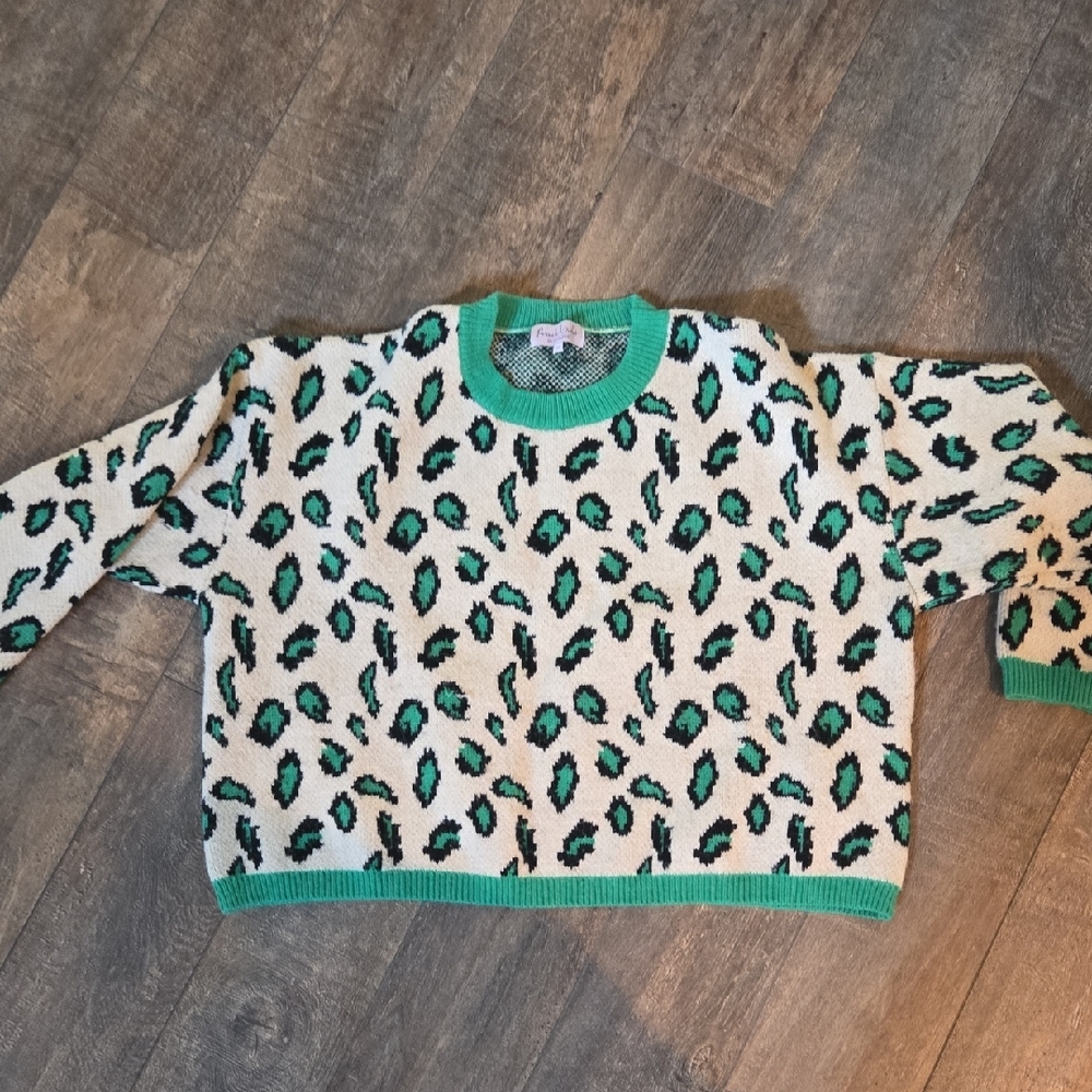 Franch Violet Leopard Print Sweater with Green Accents